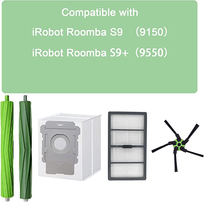 KING Roomba S9 replacement parts compatible with iRobot Roomba s9(9150) s9+ s9 Plus(9550), Series Vacuum Cleaner, 2 sets of rubber roller brushes, 4 HEPA filters, 4 Vacuum Bags, 4 side brushes